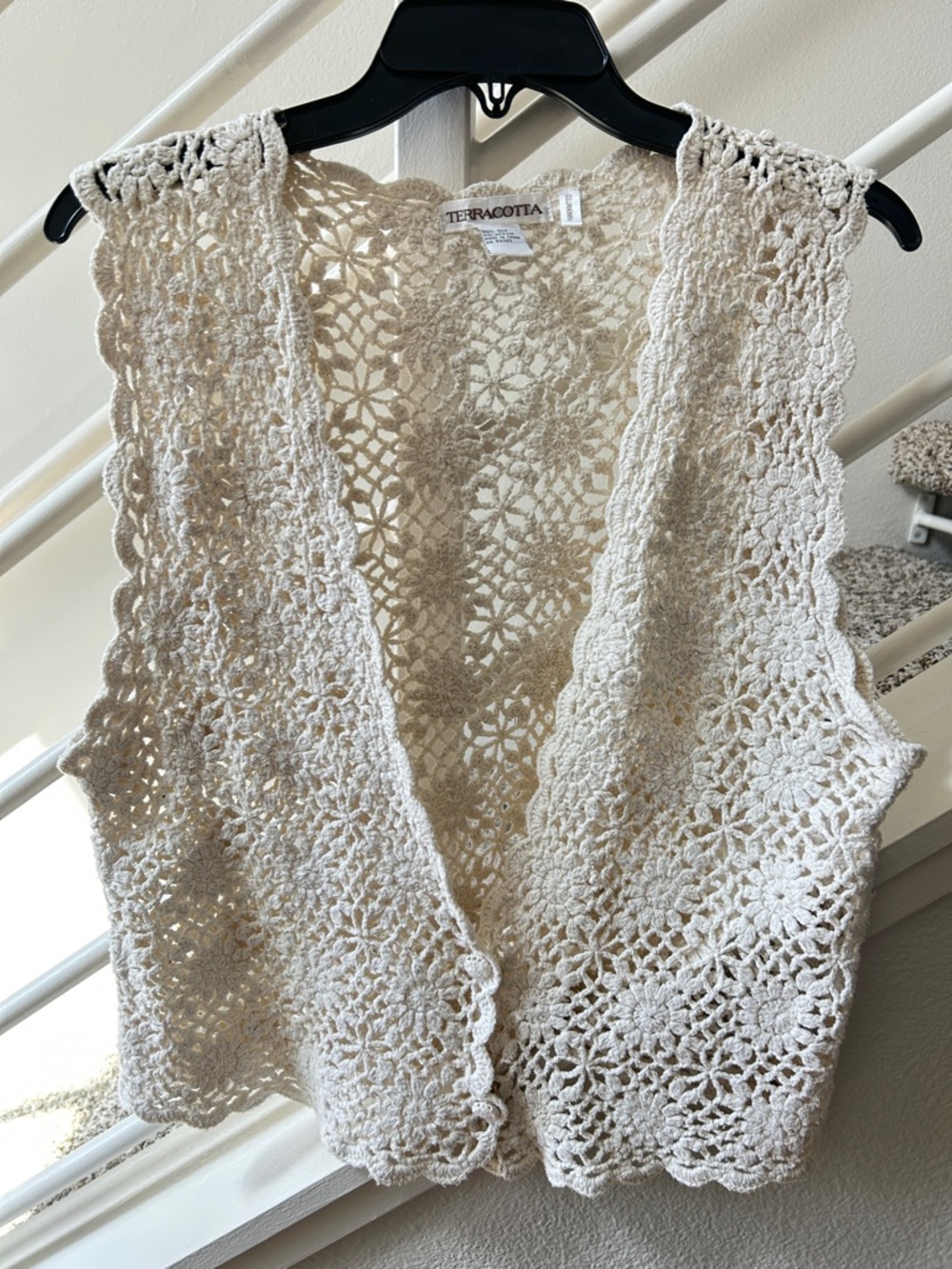 RARE Vintage TERRACOTTA 100% SILK Floral Crochet Vest Ivory Boho Luxury Size M